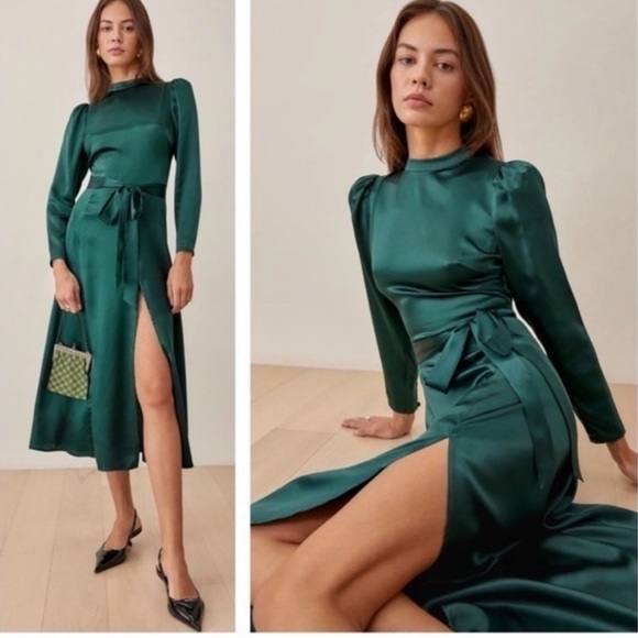 Reformation Dresses & Skirts - NWT Reformation Julius Midi Silk Dress size 6 Forest Green Silk